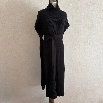 GRL/리브 블랙 터틀넥 롱 베스트 허리 리본 L