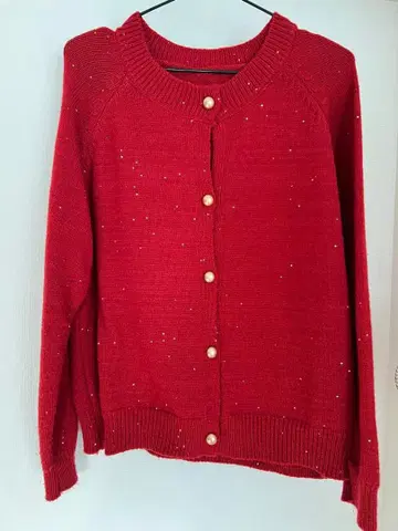 빨간색 라메 믹스 긴팔 가디건