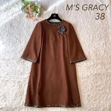 컨디션 최상 M'S GRACY 코사지 부착 애니멀 원피스 브라운 38
