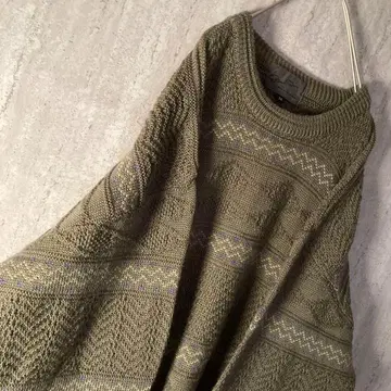 빈티지 총 패턴 니트 스웨터 카키 울 빅 루즈 와이드 소매