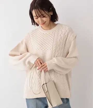 GLOBAL WORK 패치워크 케이블 니트 아이보리 새상품급