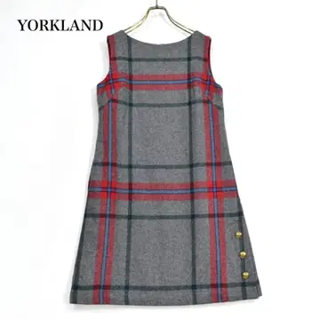 요크랜드 빅 패턴 체크 슬리브리스 원피스 골드 버튼 울