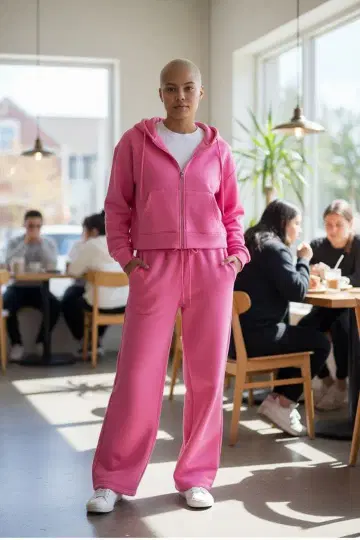 핑크 후드 부착 스웨트 팬츠