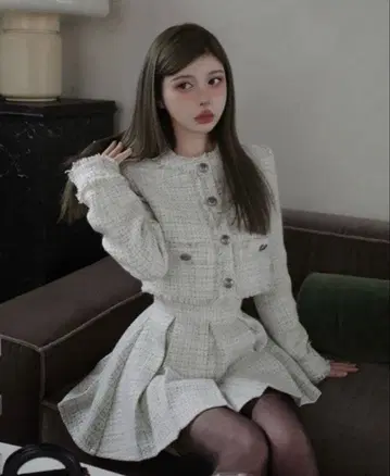 다리치 컴팩트 프린지 트위드 자켓 화이트 셋업 미사용 새상품