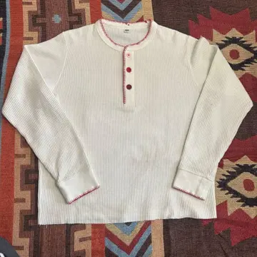 헨리넥 셔츠 와플 셔츠 스티치 빨간색 화이트 버튼 써멀 롱t