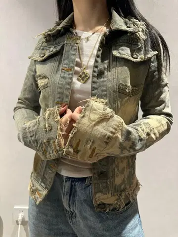 데미지 가공 데님 자켓 올리브 그린 y2k
