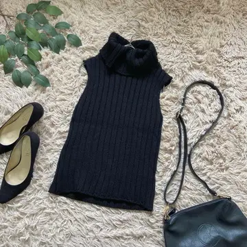 5803 셰트와 터틀넥 리브 니트 / 블랙 / 슬리브리스 / 울 혼방