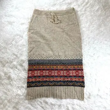 큐브 슈가 울 니트 롱 스커트 올 패턴 허리밴딩 베이지 M