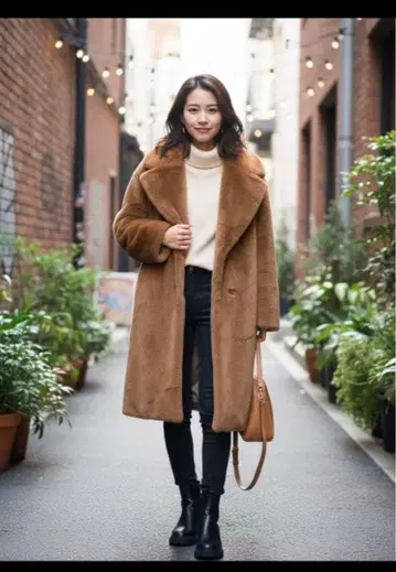 브라운 인조 모피 롱 코트