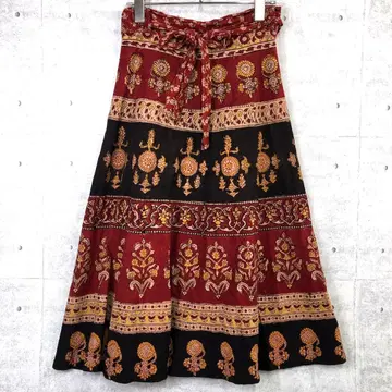 빈티지 Play Pal 인도산 구제 의류 에스닉 패턴 랩스커트