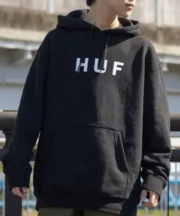 HUF 맨투맨 후드티 로고 프린트 풀오버 속기모 블랙