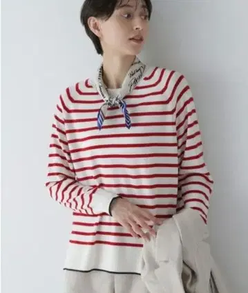 휴먼 우먼 23SS 빗살무늬 보더 레드 울 워셔블 니트 M