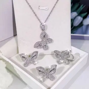 3종 세트 나비 패턴 액세서리 목걸이 반지 귀걸이 실버 반지