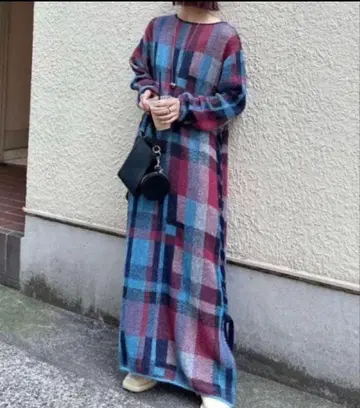 Ameri BIG CHECK LACE UP KNIT DRESS