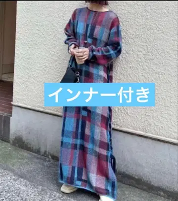 Ameri BIG CHECK LACE UP KNIT DRESS