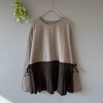 두 룸 [L] 어른 내추럴 리본 플리츠 도킹 플레어 티셔츠