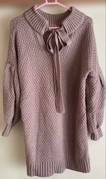 리본 포함 벌룬 슬리브 니트 스웨터 다크 핑크 F 사이즈