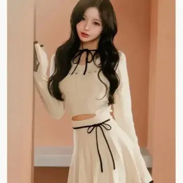 darich 허리 오픈 리본 디자인 니트 미니 원피스