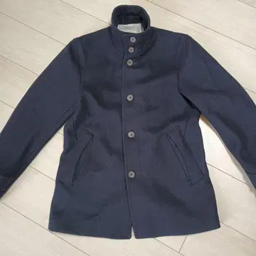 울 스탠드 카라 코트 네이비