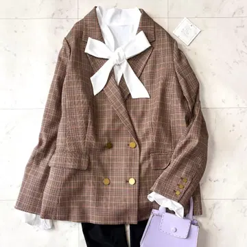 새상품급 로즈 티아라 빅 사이즈 46 글렌체크 금장 버튼 더블 자켓