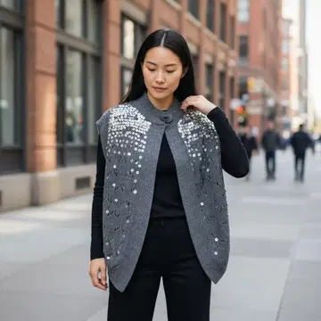 러브 모스키노 F 스팽글 장식 그레이 니트 베스트 개성있는 양모