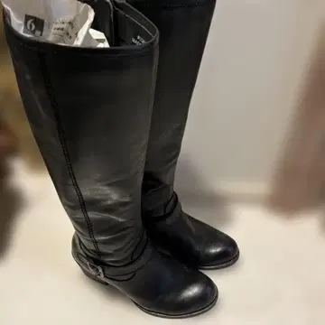 블랙 가죽 롱 부츠 중간 힐 사이드 지퍼