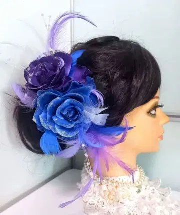 라메 장식 파랑 x 보라색 장미 x 깃털 머리 장식 유카타 일본 의류