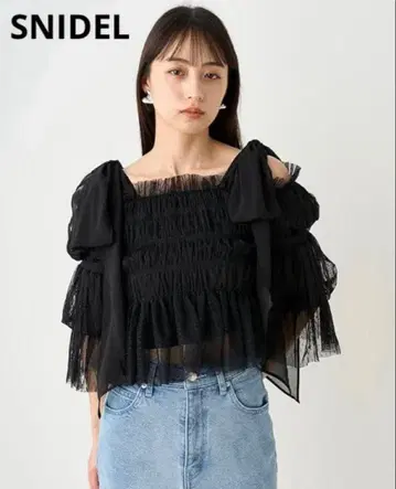 택 포함 새상품급 SNIDEL 리본 튤 블라우스 스나이델 블랙 오프숄더