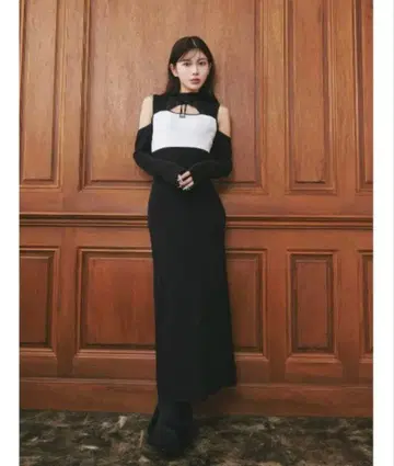 Darichi 바이컬러 디자인 니트 롱 원피스