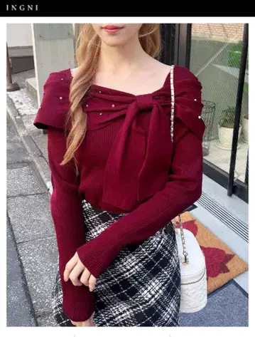 INGNI 버건디 리본 니트