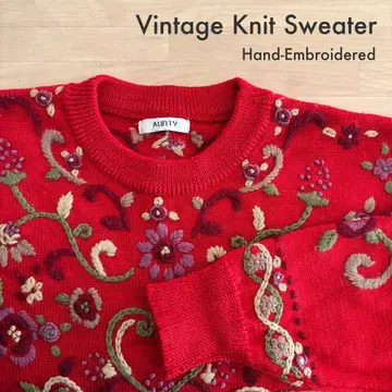 AUNTY 빈티지 손 자수 니트 스웨터 구제 의류 빨간 니트 크리스마스