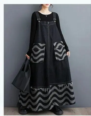 맥시 길이 데님 살로펫 롱 스커트 오버롤 스커트