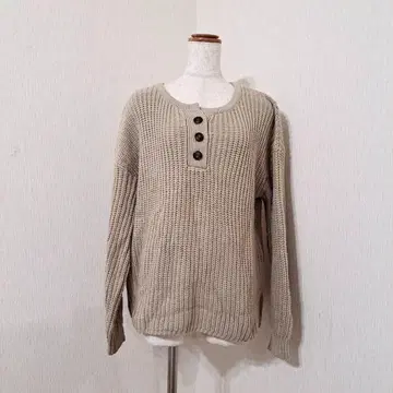 레이 카즌 풀오버 니트 긴팔 베이지 하프 버튼 루즈핏 ( F )