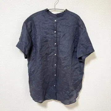 SHIPS 린넨 100% 밴드 카라 반팔 셔츠 네이비