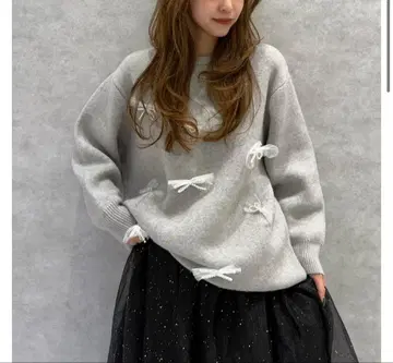 컨디션 최상 LINKABLE 펄 리본 튤 니트 (그레이) FREE