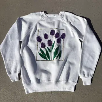 80s HANES 튤립 프린트 화이트 맨투맨