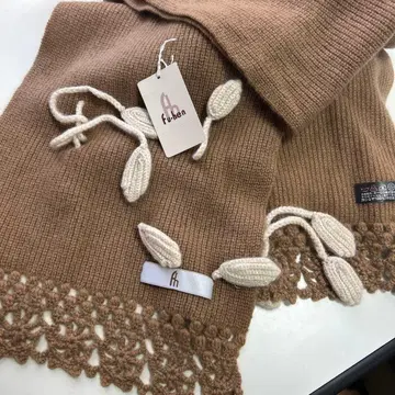 캐시미어 fuhen 꽃 모티브 머플러 브라운