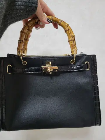 OZOC 블랙 대나무 핸들 핸드백