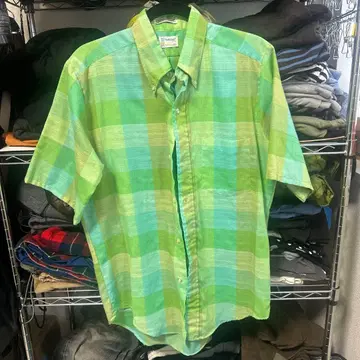 60s Townecraft 반팔 체크 셔츠 그린 계열