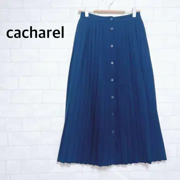 [새상품급] 캐샤렐 플리츠 롱 스커트 앞 버튼 울 100% 다크 네이비