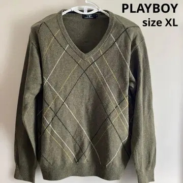 PLAYBOY 올리브 그린 울 혼방 아가일 V넥 스웨터 LL
