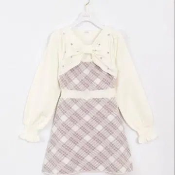 에블린 긴팔 체크 리본 니트 핑크