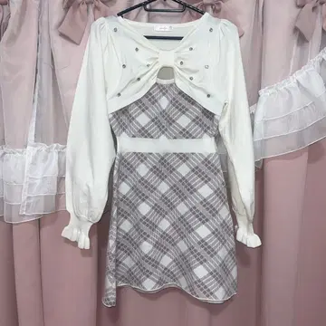 에블린 긴팔 체크 리본 니트 핑크