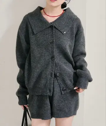 mystic 카라 부착 플레이트 니트 가디건 그레이