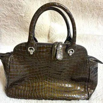 긴자 카네마츠 엠보 가죽 핸드백 브라운 숄더 없음