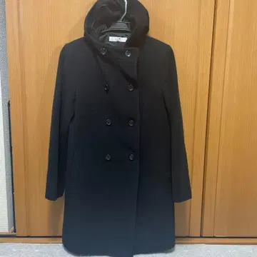 블랙 후드 부착 더블 버튼 롱 코트 23구