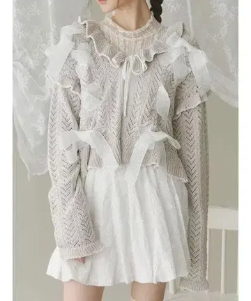 merry jenny 리본 시스루 니트 가디건 그레이