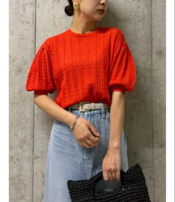 Mila Owen 퍼프 슬리브 크로셰 니트탑 [손세탁 가능] 빨간색 반팔