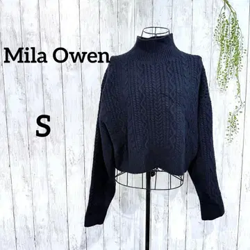 미라 오웬 케이블 짜임 니트 S 양모 혼방 숏 기장 네이비