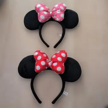 디즈니 미니 스팽글 머리띠 핑크 빨간 리본 도트 2개